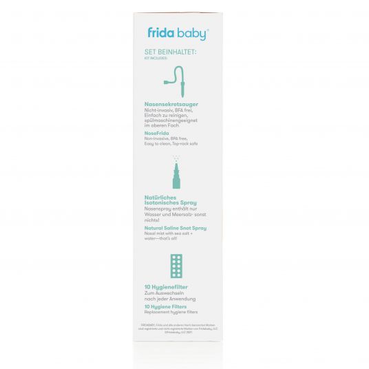 Fridababy Schnupfen-Set NoseFrida Nasensauger mit Hygienefilter und Meersalz-Nasenspray