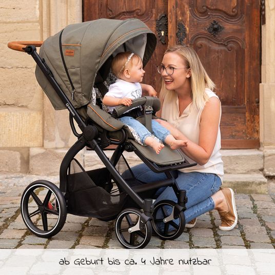 Gesslein 2in1 Kids Stroller FX4 Soft+ Classic with CX3 Carrycot & Convertible Stroller Attachment - Black-Cognac-Khaki