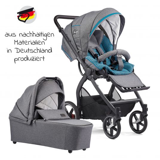 Gesslein 2in1 Kids Stroller FX4 Soft+ Classic with CX3 Carrycot & Convertible Stroller Attachment - Black-Black-Gray