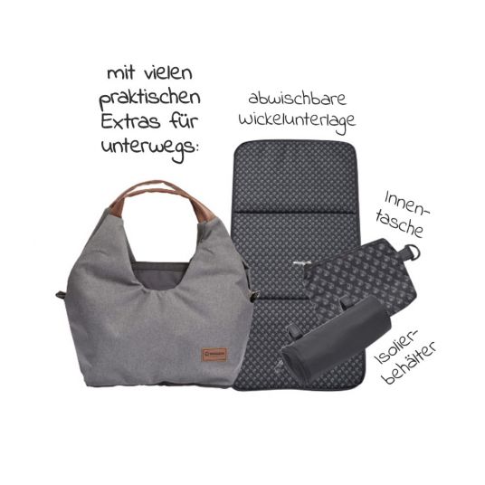 Gesslein Wickeltasche N°5 mit Wickelunterlage, Reißverschlusstasche, Täschchen & Isolierbehälter - Grau Meliert