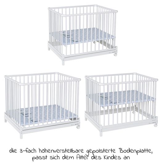 Geuther Playpen Euro Parc Plus foldable, height adjustable in 3 positions with 2 wheels 76 x 97 cm - Lama - White
