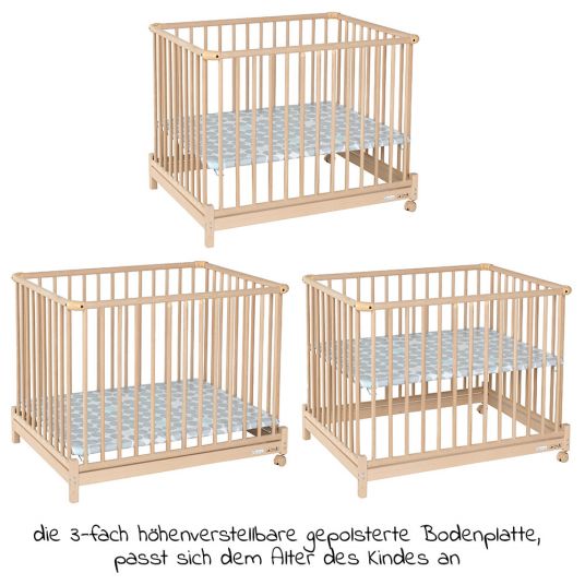 Geuther Playpen Euro Parc Plus collapsible, height adjustable in 3 positions with 2 wheels 76 x 97 cm - dots - nature
