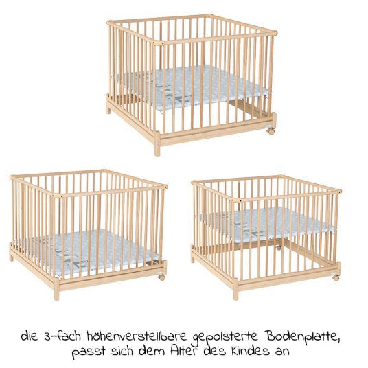 Geuther Playpen Euro Parc Plus foldable, height adjustable in 3 positions with 2 wheels 97 x 97 cm - Lama - Nature