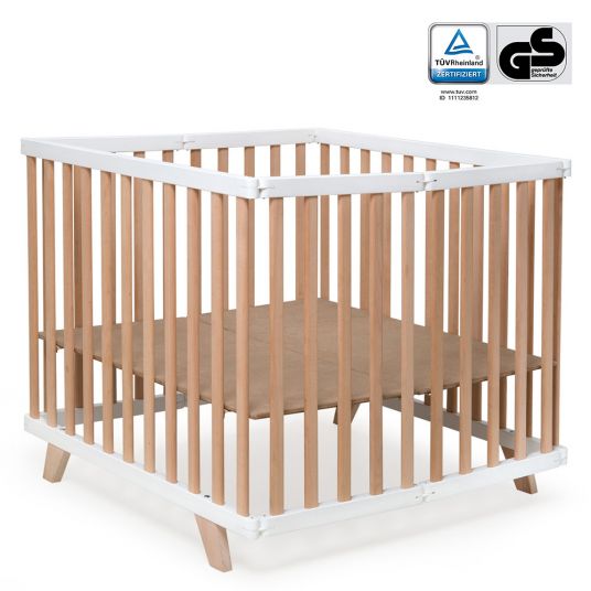 Geuther Playpen Lasse foldable, 2-fold height adjustable with 2 wheels 96 x 96 cm - Nature White