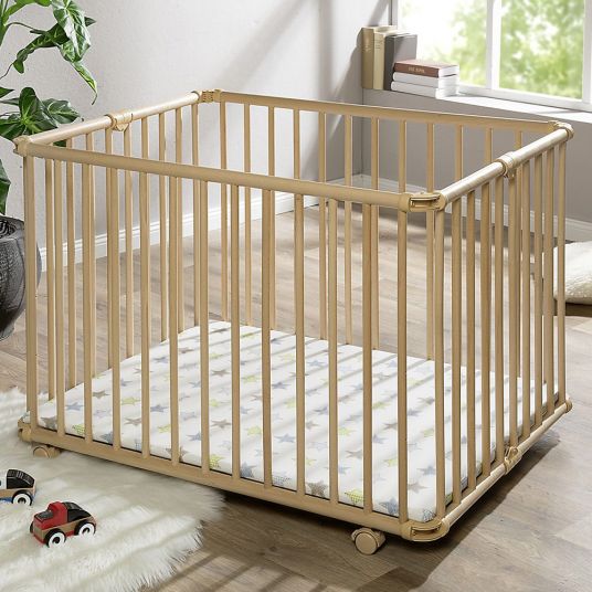 Geuther Playpen Lucilee Plus foldable, 3-fold height adjustable with 4 castors 76.2 x 97.4 cm - star - nature