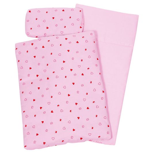 Goki 3 pcs Doll Bedding - Little Hearts & Coronets - Pink
