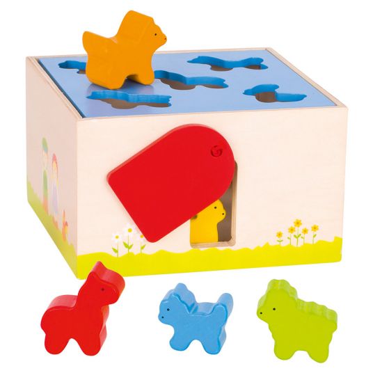 Goki Gioco di ordinamento Sort Box con 5 blocchi di legno - Animali della fattoria