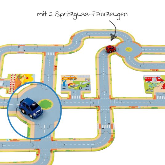 Goki Spielstraße aus Pappe mit 2 Spritzgussfahrzeugen