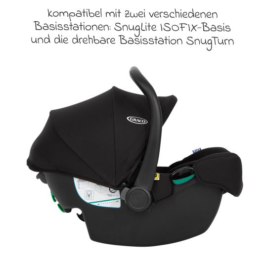 Graco Seggiolino auto SnugLite i-Size R129 dalla nascita - 13 kg (40 cm - 75 cm) solo 3,3 kg di peso, incluso riduttore di seduta e capottina - Midnight