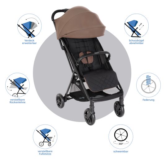 Graco Passeggino e carrozzina Myavo caricabile fino a 22 kg solo 5,8 kg leggero con funzione reclinabile e parapioggia - Fossil