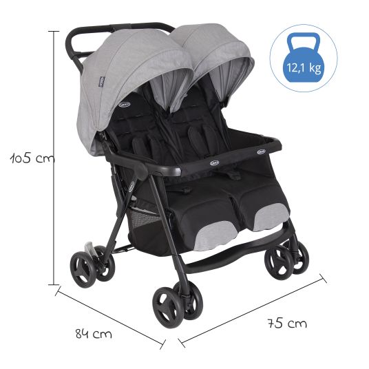 Graco Passeggino gemellare DuoRider con peso di soli 12,1 kg e posizione reclinabile, incluso parapioggia - Grigio Steeple