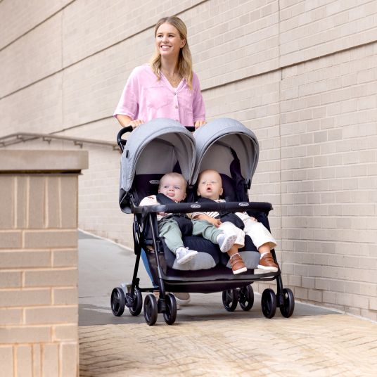 Graco Passeggino gemellare DuoRider con peso di soli 12,1 kg e posizione reclinabile, incluso parapioggia - Grigio Steeple