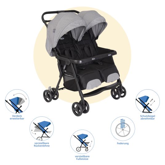 Graco Passeggino gemellare DuoRider con peso di soli 12,1 kg e posizione reclinabile, incluso parapioggia - Grigio Steeple