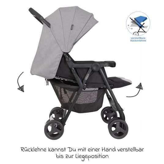 Graco Passeggino gemellare DuoRider con peso di soli 12,1 kg e posizione reclinabile, incluso parapioggia - Grigio Steeple