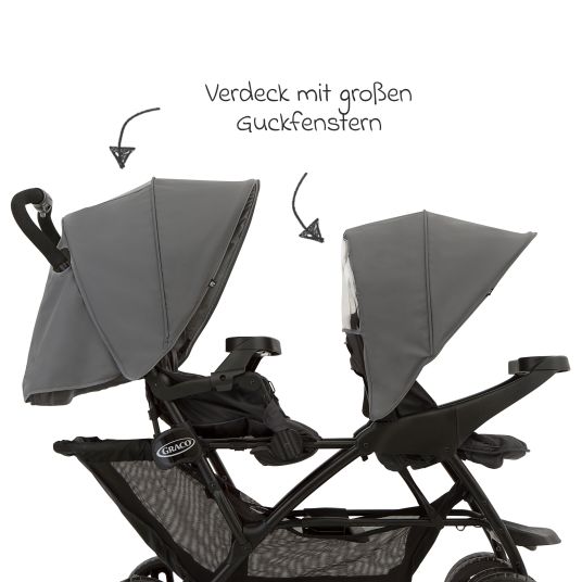 Graco Stadium Duo sibling pushchair with 2x snack trays & rear seat with reclining position - Titanium