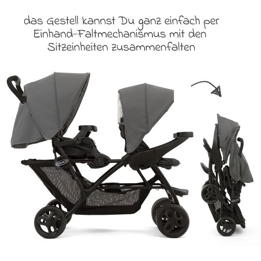 Graco Stadium Duo sibling pushchair with 2x snack trays & rear seat with reclining position - Titanium