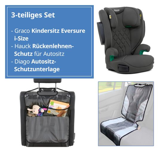 Graco - Kindersitz Eversure i-Size ab 3 Jahre - 12 Jahre (100 cm - 150 cm)  inkl. 2 Getränkehalter + GRATIS Autositz-Schutzunterlage + Rückenlehnen- Schutz - Iron 