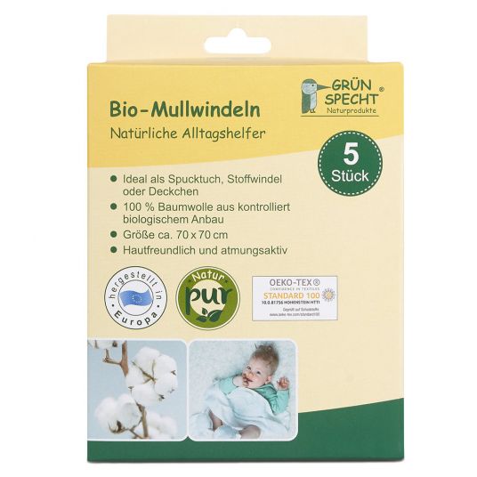 Grünspecht Bio-Mullwindel 5er Pack 70 x 70 cm - Weiß