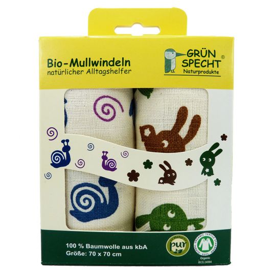 Grünspecht Bio-Mullwindeln 2er Pack 70 x 70 cm - Schnecken & Hasen