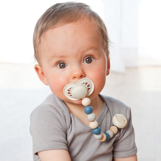Grünspecht Pacifier chain with rubber and wooden beads - Blue Gray