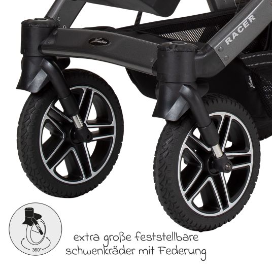 Hartan 2in1 Kombi-Kinderwagen-Set Racer GTS bis 22 kg belastbar mit Falttasche Trend, Mückennetz, Regenschutz, Schnullerkette & Spieltier - Happy Feet