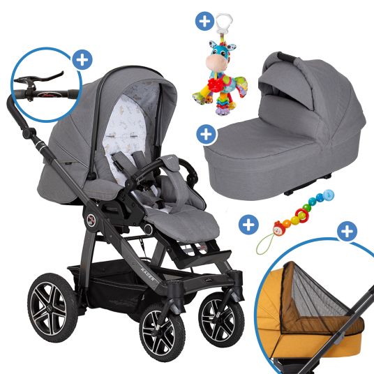 Hartan 2in1 baby carriage set Racer GTS up to 22 kg load capacity with folding bag Trend, mosquito net, rain cover, pacifier chain & play animal - Little Zoo