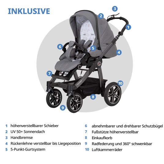 Hartan 2in1 Kombi-Kinderwagen-Set Racer GTS bis 22 kg belastbar mit Falttasche Trend, Mückennetz, Regenschutz, Schnullerkette & Spieltier - Little Zoo