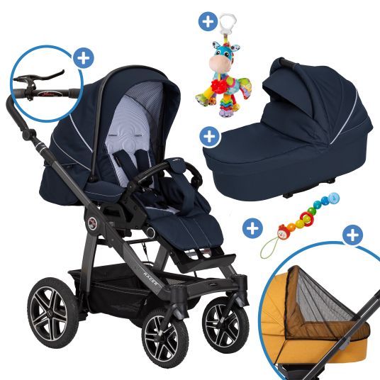 Hartan 2in1 Kombi-Kinderwagen-Set Racer GTS bis 22 kg belastbar mit Falttasche Trend, Mückennetz, Regenschutz, Schnullerkette & Spieltier - Navy Stripes