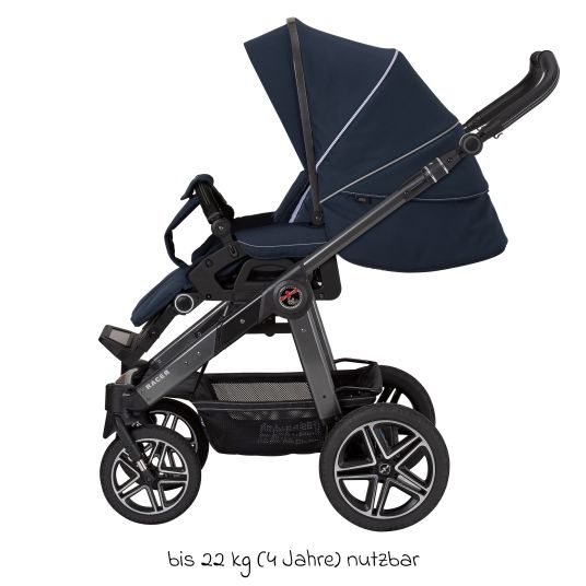 Hartan 2in1 Kombi-Kinderwagen-Set Racer GTS bis 22 kg belastbar mit Falttasche Trend, Mückennetz, Regenschutz, Schnullerkette & Spieltier - Navy Stripes