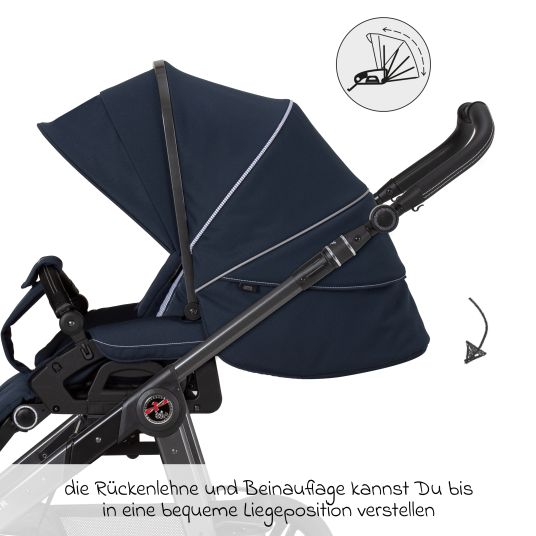 Hartan 2in1 Kombi-Kinderwagen-Set Racer GTS bis 22 kg belastbar mit Falttasche Trend, Mückennetz, Regenschutz, Schnullerkette & Spieltier - Navy Stripes