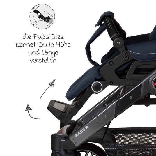 Hartan 2in1 Kombi-Kinderwagen-Set Racer GTS bis 22 kg belastbar mit Falttasche Trend, Mückennetz, Regenschutz, Schnullerkette & Spieltier - Navy Stripes