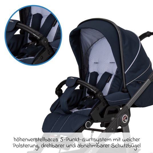 Hartan 2in1 Kombi-Kinderwagen-Set Racer GTS bis 22 kg belastbar mit Falttasche Trend, Mückennetz, Regenschutz, Schnullerkette & Spieltier - Navy Stripes