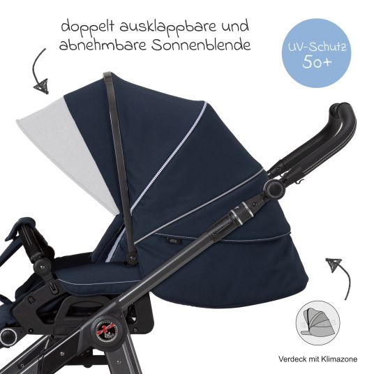 Hartan 2in1 Kombi-Kinderwagen-Set Racer GTS bis 22 kg belastbar mit Falttasche Trend, Mückennetz, Regenschutz, Schnullerkette & Spieltier - Navy Stripes