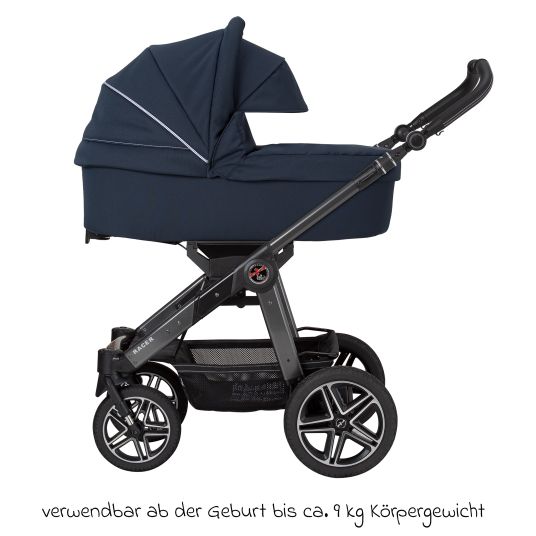 Hartan 2in1 Kombi-Kinderwagen-Set Racer GTS bis 22 kg belastbar mit Falttasche Trend, Mückennetz, Regenschutz, Schnullerkette & Spieltier - Navy Stripes