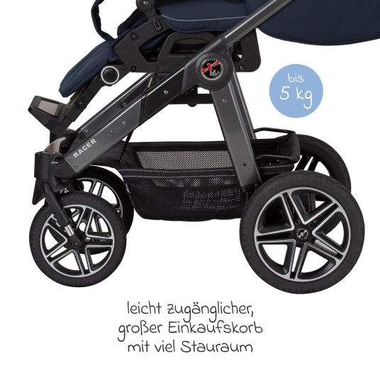 Hartan 2in1 Kombi-Kinderwagen-Set Racer GTS bis 22 kg belastbar mit Falttasche Trend, Mückennetz, Regenschutz, Schnullerkette & Spieltier - Navy Stripes