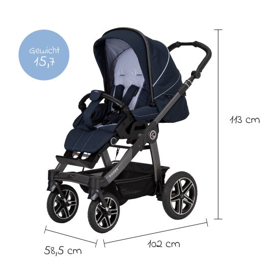 Hartan 2in1 Kombi-Kinderwagen-Set Racer GTS bis 22 kg belastbar mit Falttasche Trend, Mückennetz, Regenschutz, Schnullerkette & Spieltier - Navy Stripes