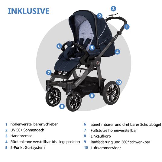 Hartan 2in1 Kombi-Kinderwagen-Set Racer GTS bis 22 kg belastbar mit Falttasche Trend, Mückennetz, Regenschutz, Schnullerkette & Spieltier - Navy Stripes