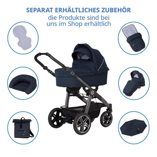 Hartan 2in1 Kombi-Kinderwagen-Set Racer GTS bis 22 kg belastbar mit Falttasche Trend, Mückennetz, Regenschutz, Schnullerkette & Spieltier - Navy Stripes