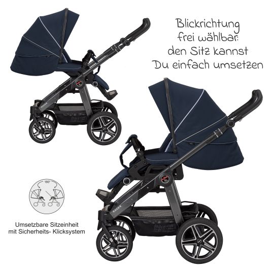 Hartan 2in1 Kombi-Kinderwagen-Set Racer GTS bis 22 kg belastbar mit Falttasche Trend, Mückennetz, Regenschutz, Schnullerkette & Spieltier - Navy Stripes