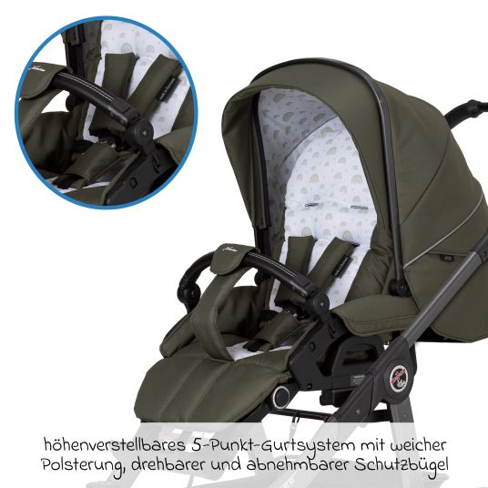 Hartan 2in1 Kombi-Kinderwagen-Set Racer GTS bis 22 kg belastbar mit Falttasche Trend, Mückennetz, Regenschutz, Schnullerkette & Spieltier - Rainbow