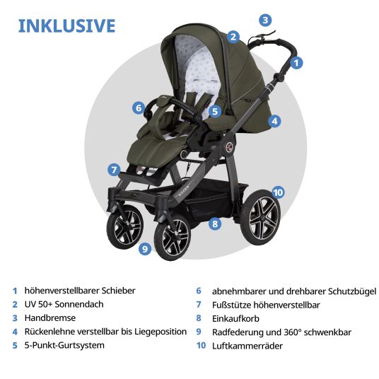 Hartan 2in1 Kombi-Kinderwagen-Set Racer GTS bis 22 kg belastbar mit Falttasche Trend, Mückennetz, Regenschutz, Schnullerkette & Spieltier - Rainbow