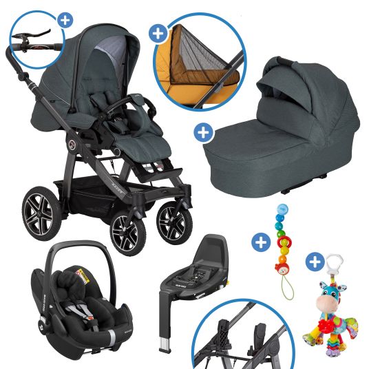 Hartan 4in1 Kombi-Kinderwagen-Set Racer GTS bis 22 kg belastbar mit Falttasche Trend, Babyschale Pebble Pro, Isofix-Basis FamilyFix3, Mückennetz, Regenschutz, Schnullerkette & Spieltier - Animal Stars