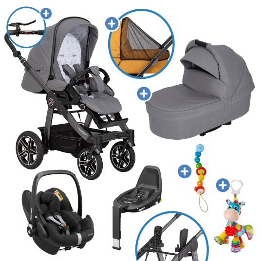 Hartan 4in1 Kombi-Kinderwagen-Set Racer GTS bis 22 kg belastbar mit Falttasche Trend, Babyschale Pebble Pro, Isofix-Basis FamilyFix3, Mückennetz, Regenschutz, Schnullerkette & Spieltier - Little Zoo