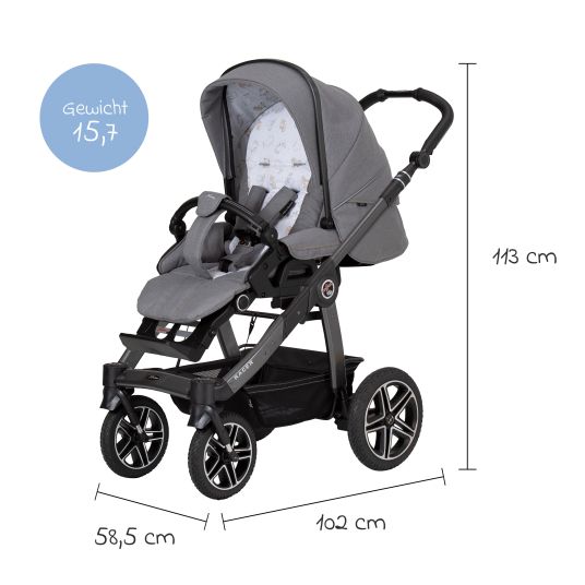 Hartan 4in1 baby carriage set Racer GTS up to 22 kg load capacity with Trend folding bag, Pebble Pro infant car seat, FamilyFix3 Isofix base, mosquito net, rain cover, pacifier chain & play toy - Little Zoo