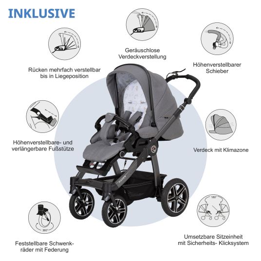 Hartan Set passeggino 4in1 Racer GTS fino a 22 kg di portata con borsa pieghevole Trend, seggiolino auto Pebble Pro, base Isofix FamilyFix3, zanzariera, parapioggia, catena portaciuccio e gioco - Little Zoo