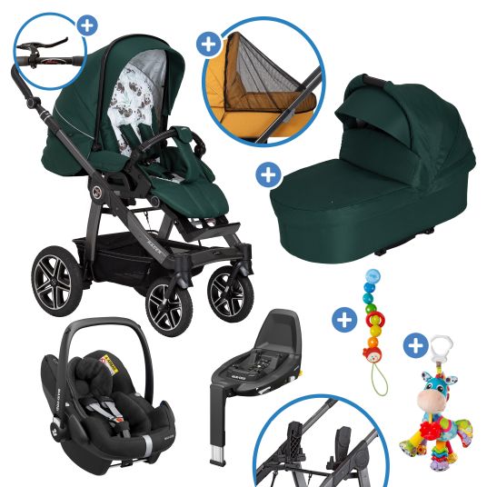 Hartan 4in1 Kombi-Kinderwagen-Set Racer GTS bis 22 kg belastbar mit Falttasche Trend, Babyschale Pebble Pro, Isofix-Basis FamilyFix3, Mückennetz, Regenschutz, Schnullerkette & Spieltier - Panda Family