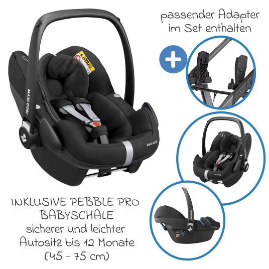 Hartan 4in1 Kombi-Kinderwagen-Set Racer GTS bis 22 kg belastbar mit Falttasche Trend, Babyschale Pebble Pro, Isofix-Basis FamilyFix3, Mückennetz, Regenschutz, Schnullerkette & Spieltier - Panda Family