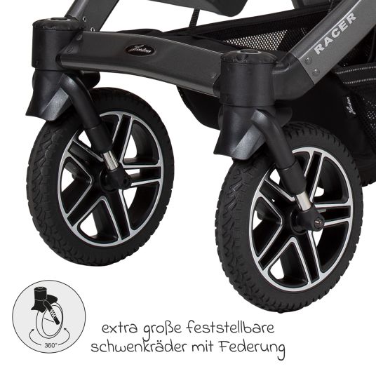 Hartan 4in1 Kombi-Kinderwagen-Set Racer GTS bis 22 kg belastbar mit Falttasche Trend, Babyschale Pebble Pro, Isofix-Basis FamilyFix3, Mückennetz, Regenschutz, Schnullerkette & Spieltier - Panda Family