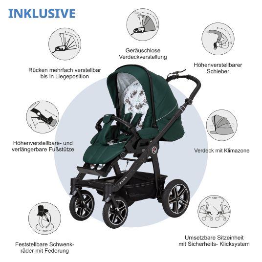 Hartan 4in1 Kombi-Kinderwagen-Set Racer GTS bis 22 kg belastbar mit Falttasche Trend, Babyschale Pebble Pro, Isofix-Basis FamilyFix3, Mückennetz, Regenschutz, Schnullerkette & Spieltier - Panda Family