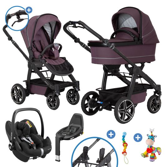 Hartan 4in1 Rockit IT GTR baby carriage set with a load capacity of up to 22 kg with Trend folding bag, Pebble Pro infant car seat, FamilyFix3 Isofix base, mosquito net, rain cover & play animal - Amethyst